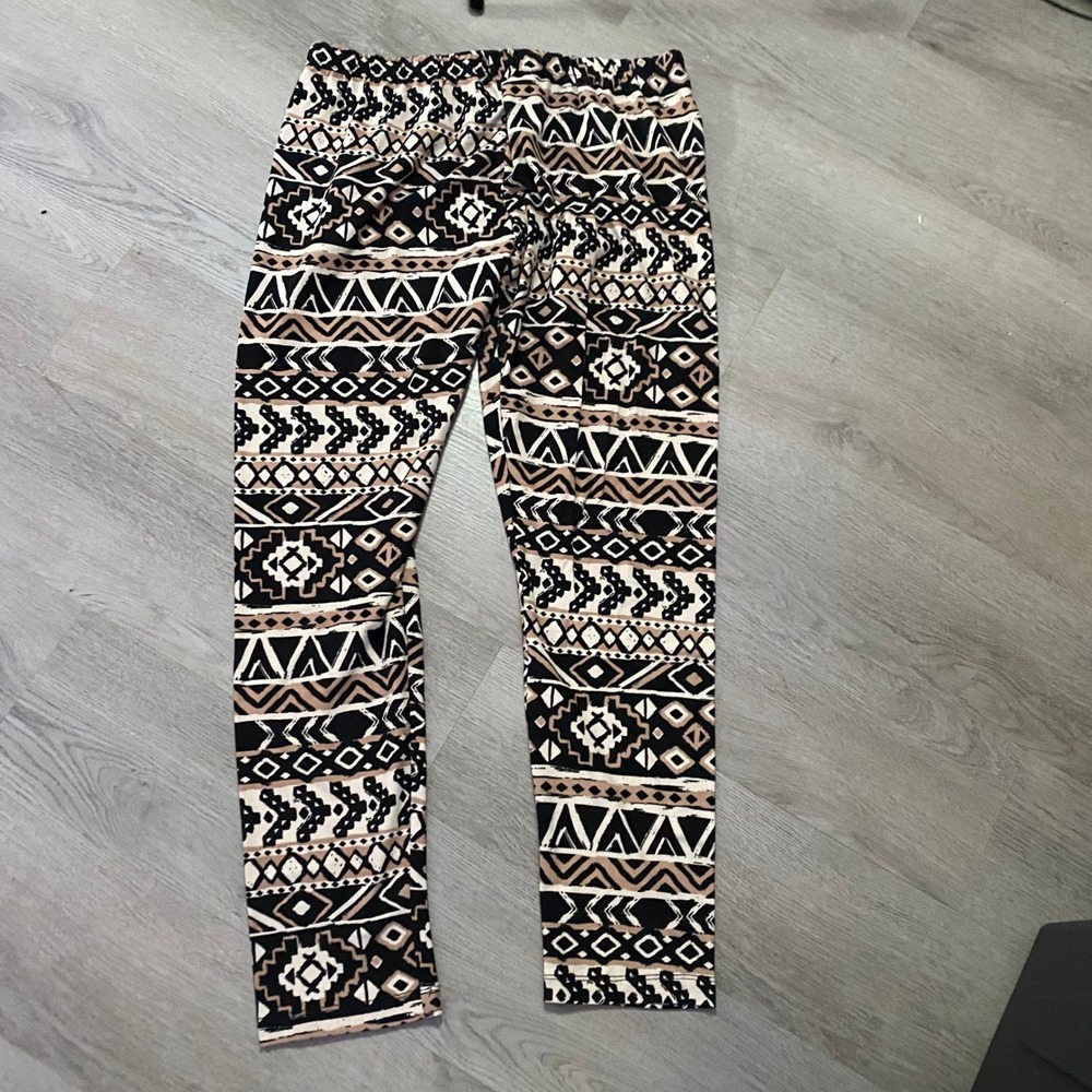LuLaRoe Leggings Womens XL Black Tan Geometric Tribal Print Buttery Soft Stretch